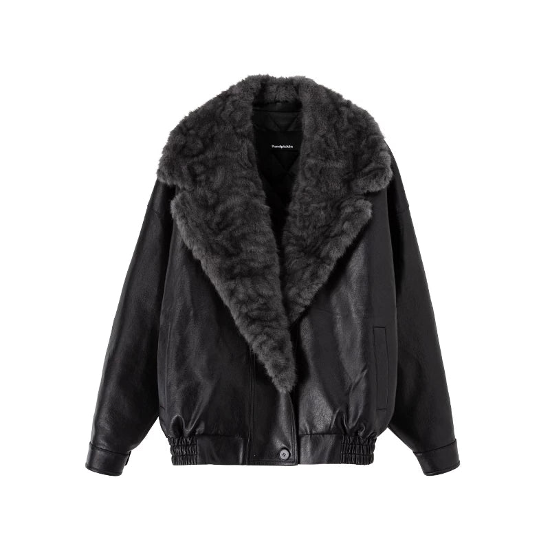 Wcoumq | Retro PU Leather Quilted Cotton Jacket with Embossed Fur Collar – Loose-Fitting Black Women's Outerwear