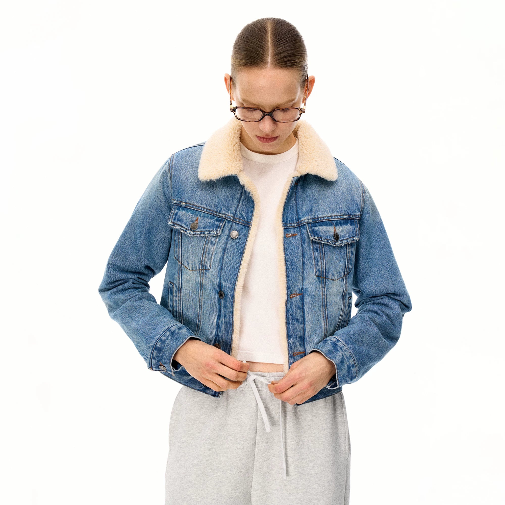 Wcoumq | Retro Classic Denim Quilted Jacket with Fur Collar – Women’s Warm Contrasting Color Denim Jacket