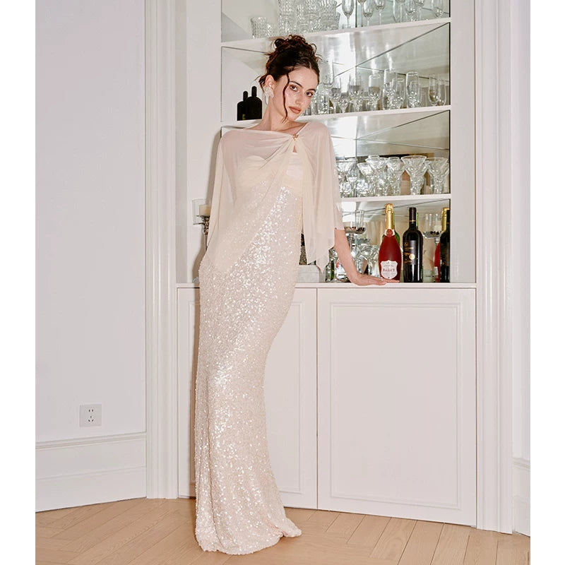 Wcoumq | Sequined Strapless Dress with Shawl and Brooch Detail