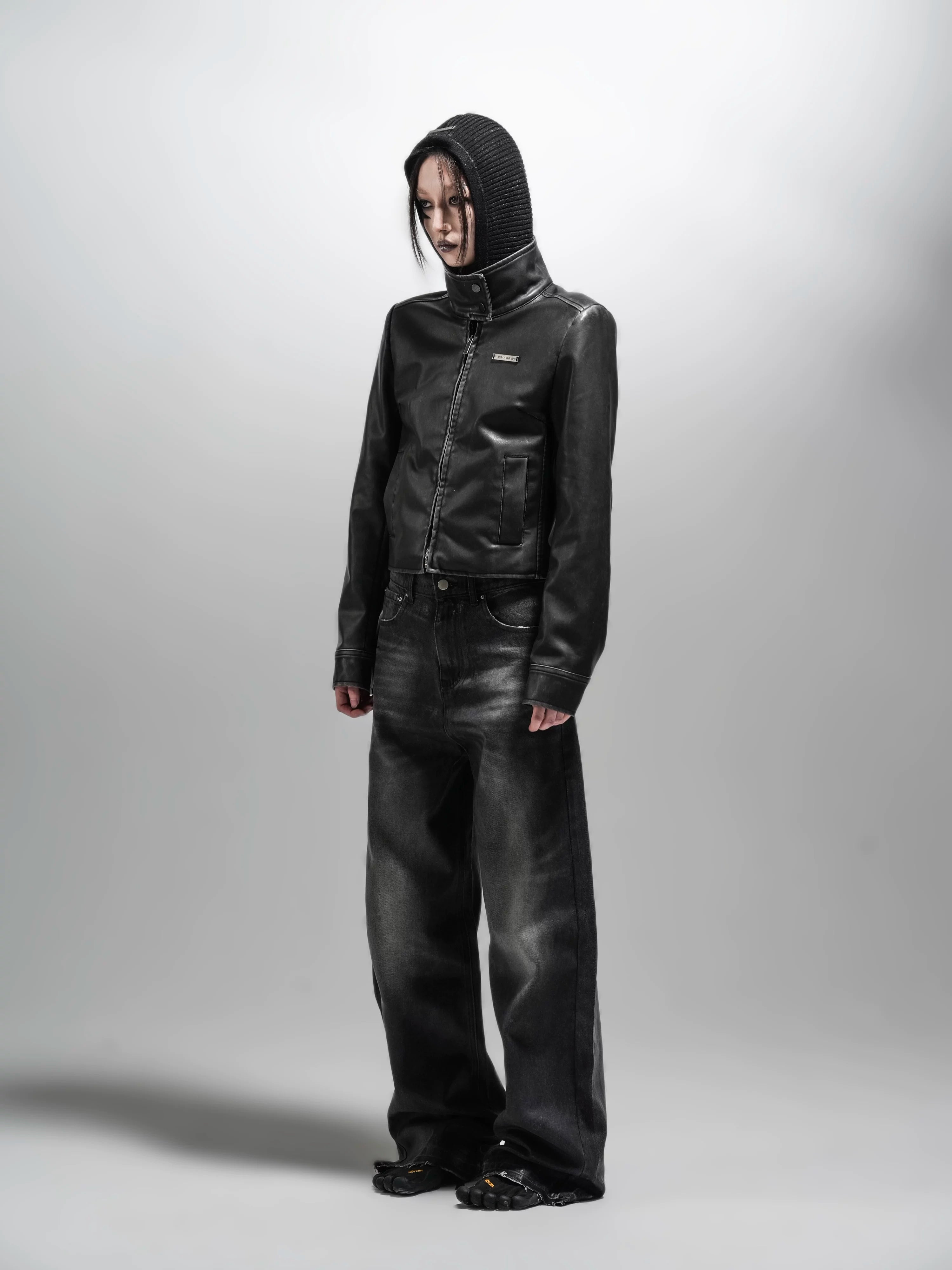 Wcoumq | Retro Washed Leather Motorcycle Jacket – Women’s Slim Fit Short Coat with Shoulder Pads for Fall & Winter