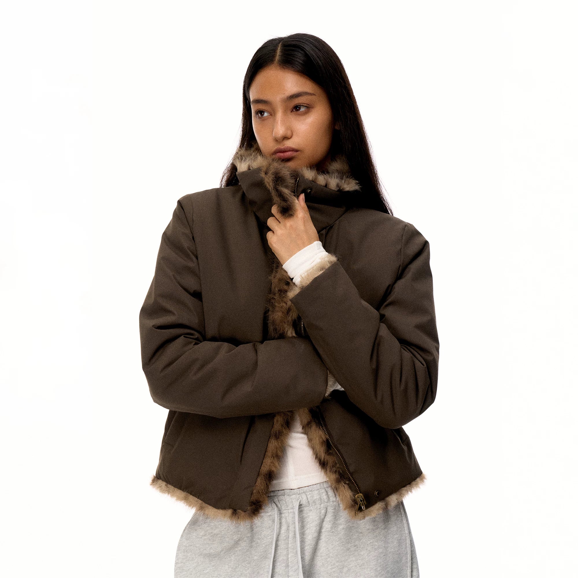 Wcoumq | Reversible Leopard Print Eco-Friendly Fur Jacket – Slim-Fitting Right-Shoulder Women’s Stylish Jersey Outerwear