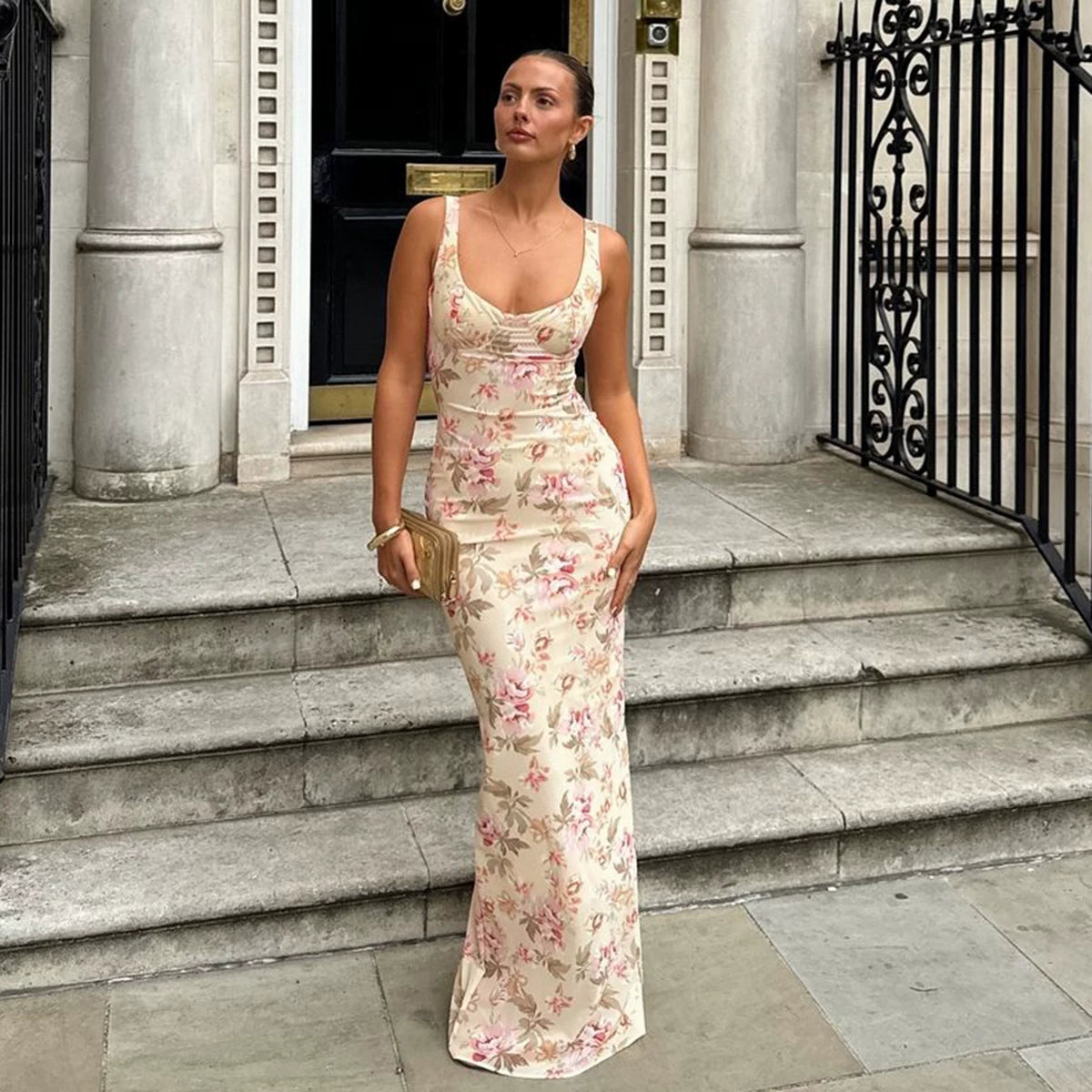 Wcoumq | Retro Floral Sleeveless Maxi Dress with Side Slit for Spring and Summer