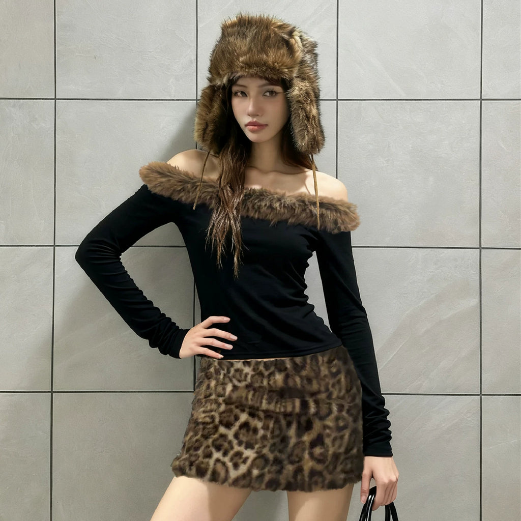 Wcoumq | Sexy One-Shoulder Fur Collar Long-Sleeve Top & Eco-Friendly Leopard Print Skirt Set – Autumn & Winter European Hot Girl Style