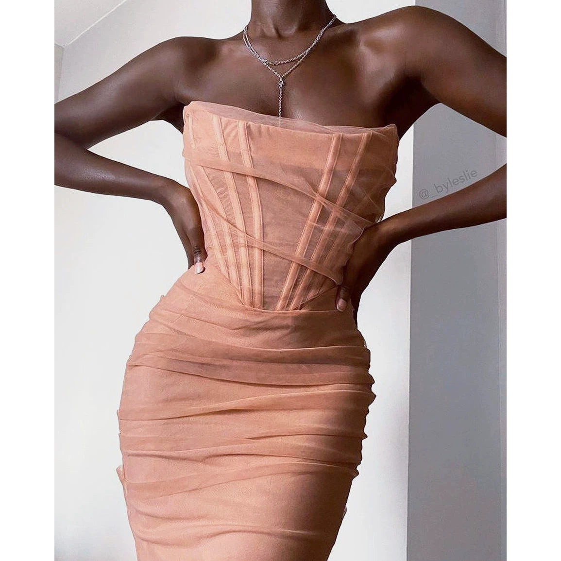 Wcoumq | Tube Top Mesh Dress with Fishbone Waist and Pleated Mid-Length Skirt