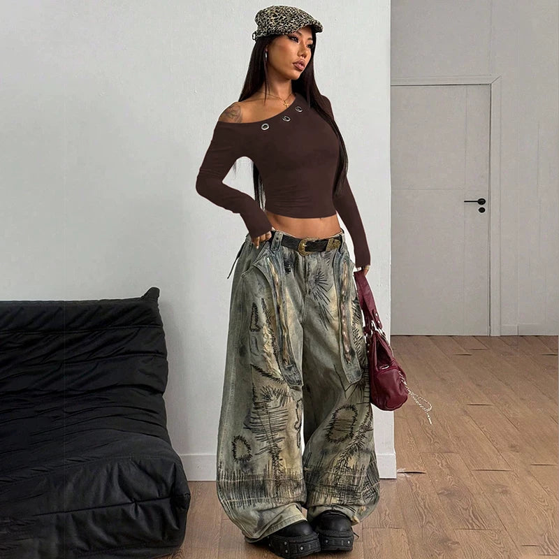 Wcoumq | Eyelet Design Slanted Shoulder Long-Sleeve Top for Women – Trendy Autumn & Winter Street Fashion Hot Girl Style