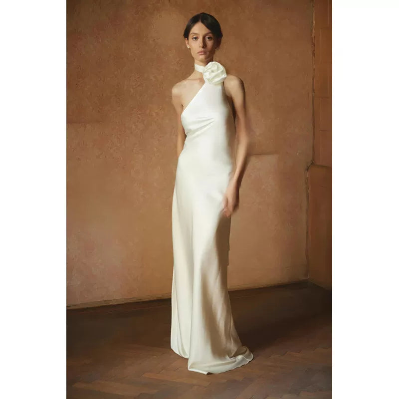 Wcoumq | Champagne Halter Backless Maxi Dress with Bridal-Inspired Outer Veil
