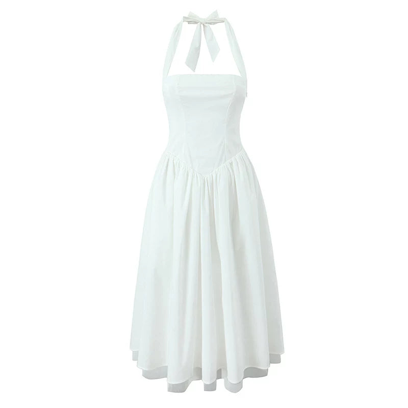Wcoumq | White Mesh Halter Dress with Slim Waist for Resort and Mid-Length Elegance