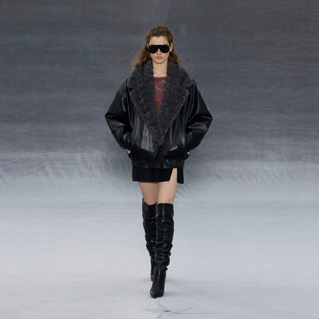 Wcoumq | Retro PU Leather Quilted Cotton Jacket with Embossed Fur Collar – Loose-Fitting Black Women's Outerwear