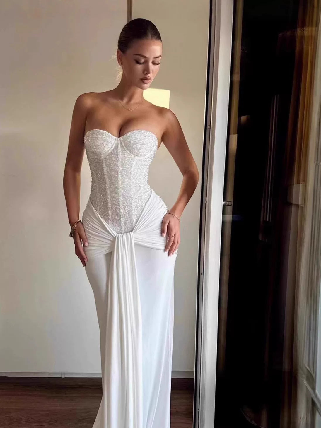 Wcoumq | Herringbone Diamond Tube Top Dress with Twisted Strap and Fishtail Skirt