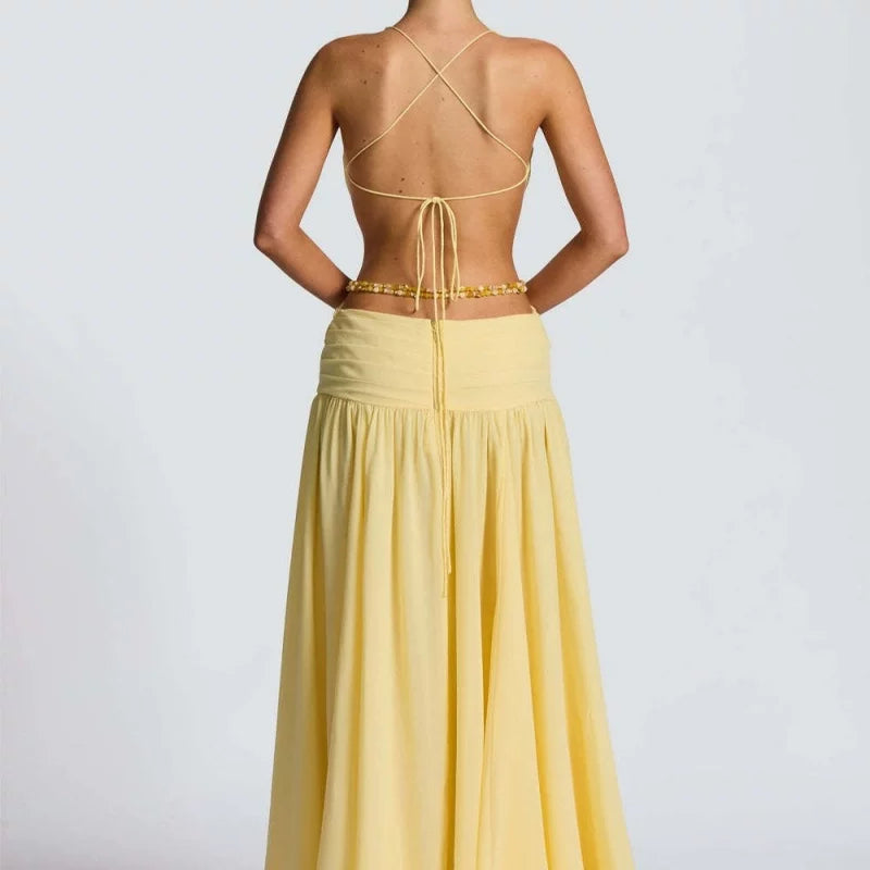 Wcoumq | Deep V Backless Halter Maxi Dress with Side Slit and Metal Accents