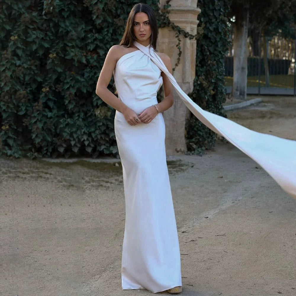 Wcoumq | Elegant Satin Floor-Length Dress with Neck Streamers and Backless Design