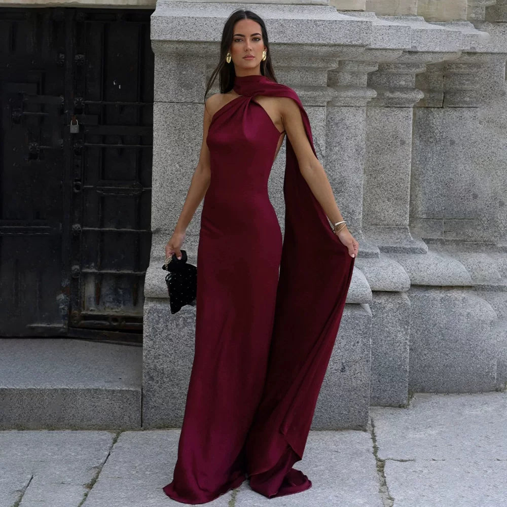 Wcoumq | Elegant Satin Floor-Length Dress with Neck Streamers and Backless Design