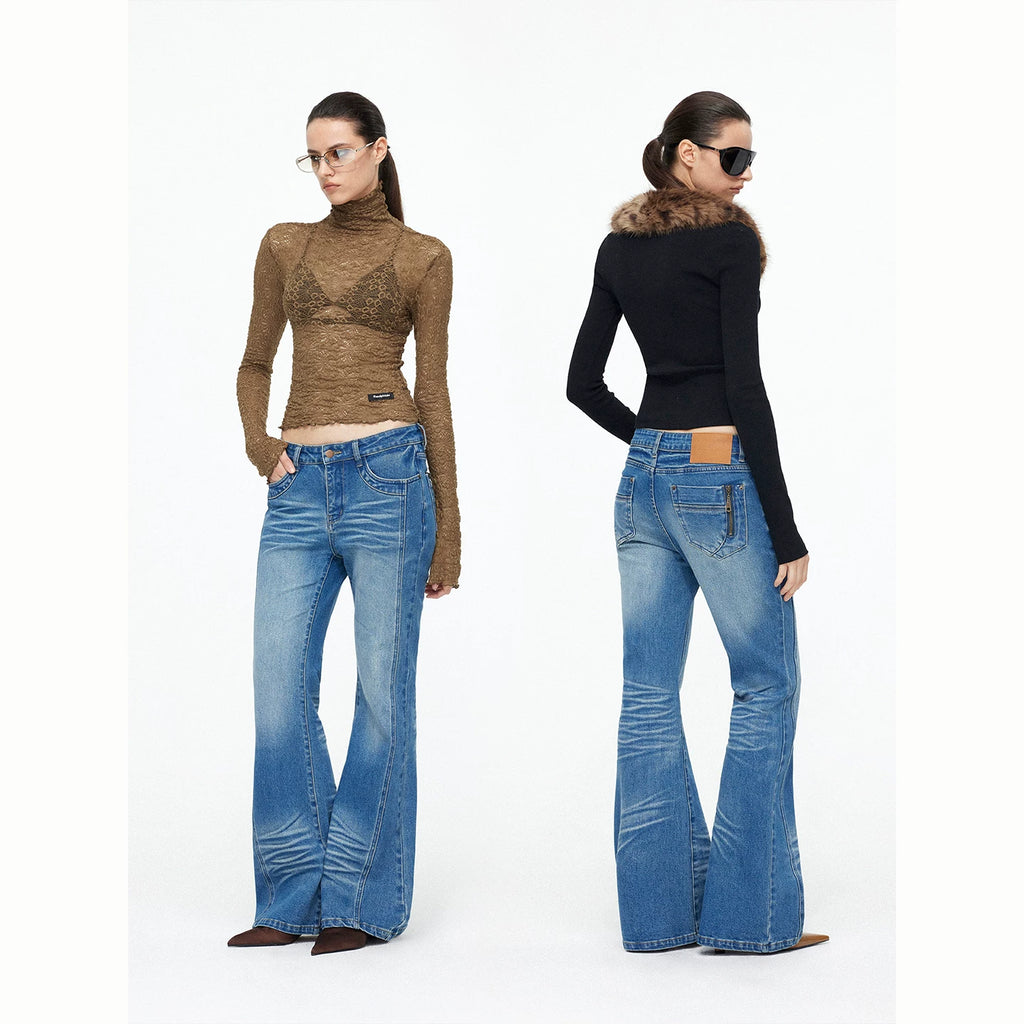 Wcoumq | Retro Washed Low-Waist Straight-Leg Jeans with Slight Flare