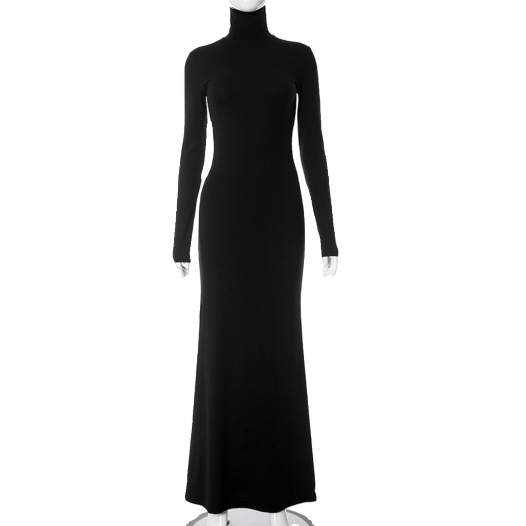 Wcoumq | Solid Color Half Turtleneck Long-Sleeve Slim Dress for Autumn and Winter