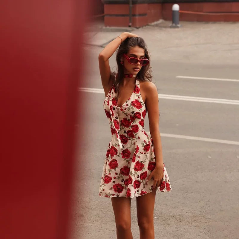 Wcoumq | Printed Halter Neck Backless Dress with Waist Ribbon for Summer Holidays