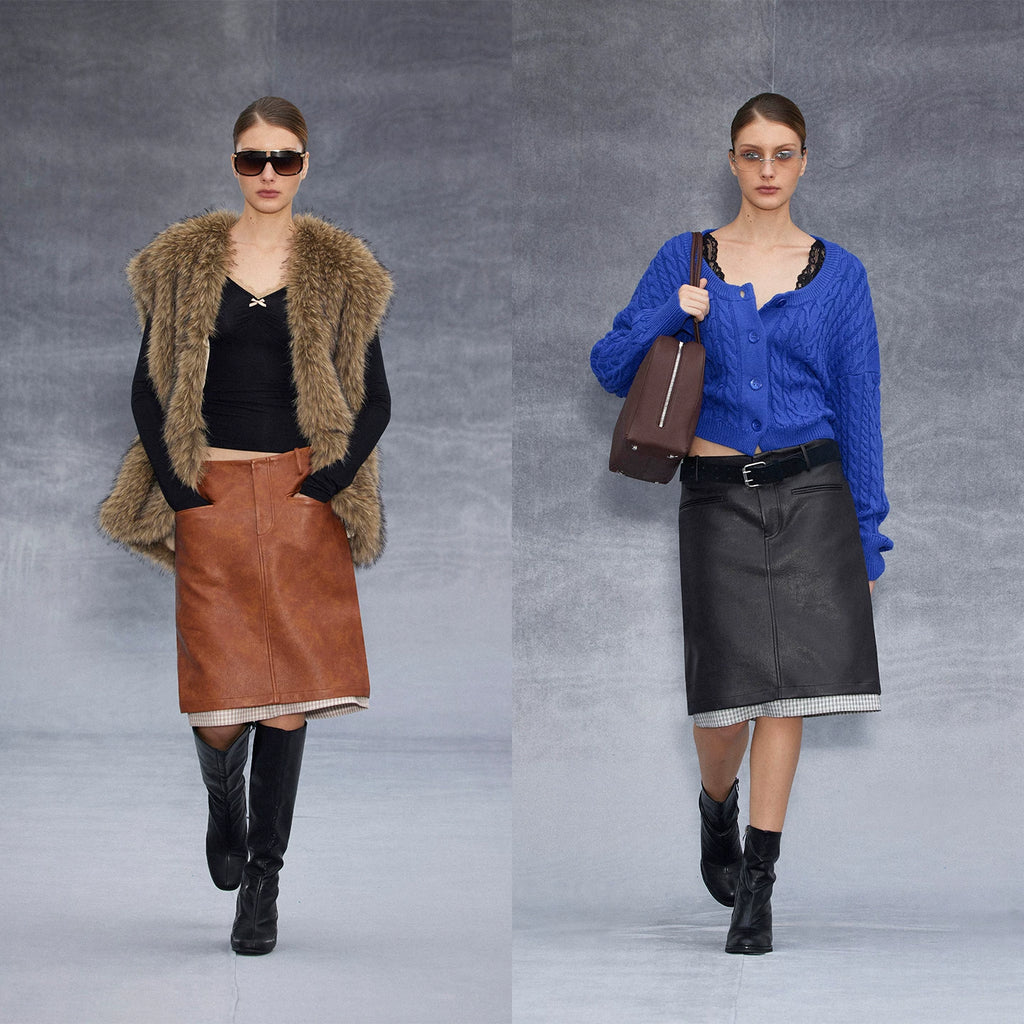 Wcoumq | Retro Contrast Low-Waist Straight Leather Skirt – Chic Women’s Stylish Faux Leather Skirt