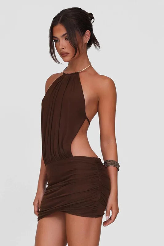 Wcoumq | Summer Halter Neck Backless Mini Dress with Metal Ring and Strappy Design