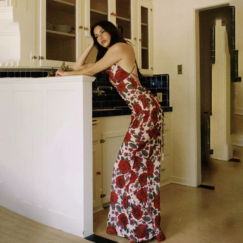 Wcoumq | Summer Sling Maxi Dress with Rose Print and Backless Vacation Style