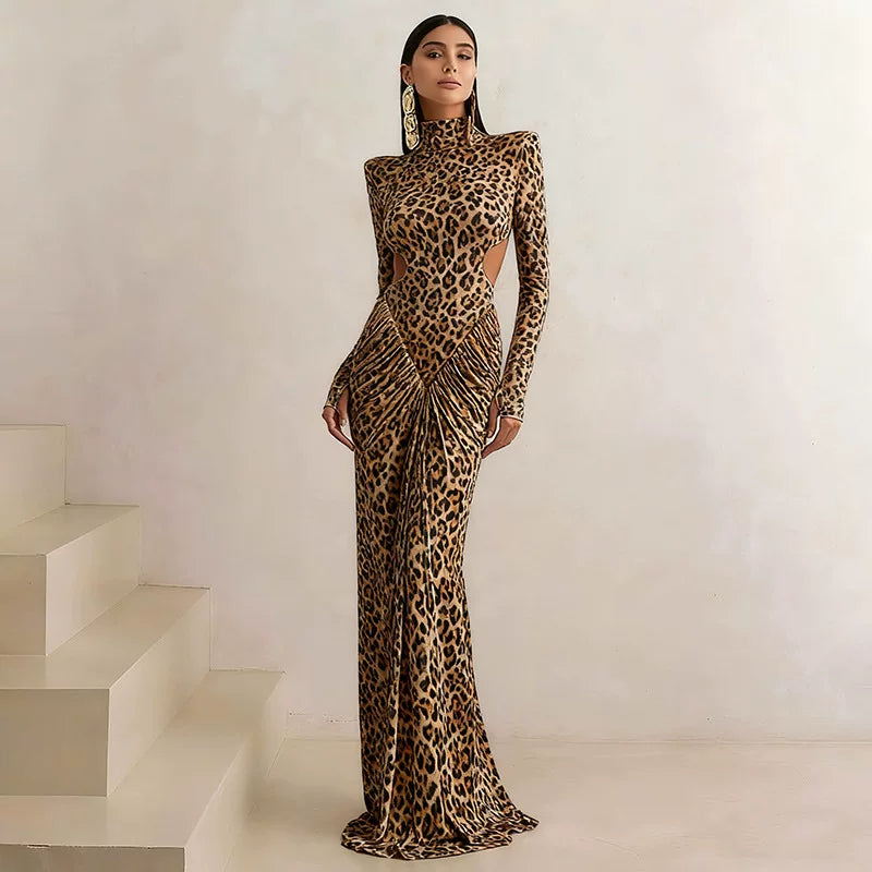 Wcoumq | Leopard Print High-Neck Backless Maxi Dress for Banquet and Cocktail Events