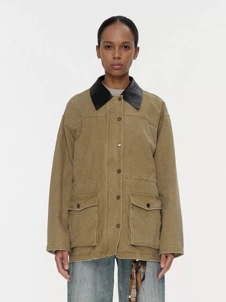 Wcoumq | Khaki Washed Work Jacket – Women’s Loose Fit Stand-Up Collar Short Windbreaker for Autumn 2024