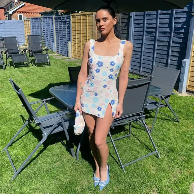 Wcoumq | Colorful Floral Rhombus Sequin Dress with Side Slit and Hip-Covering Design