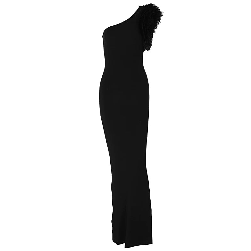 Wcoumq | Black Slanted Shoulder Fishtail Evening Dress with Hip-Hugging Fit