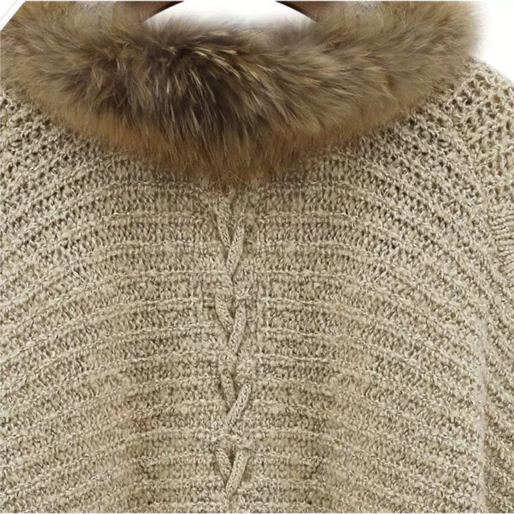 Wcoumq | Plus Size Women’s Knitted Cardigan Cape Shawl with Bat Sleeves & Fur Collar – European & American Style Daily Special Offer