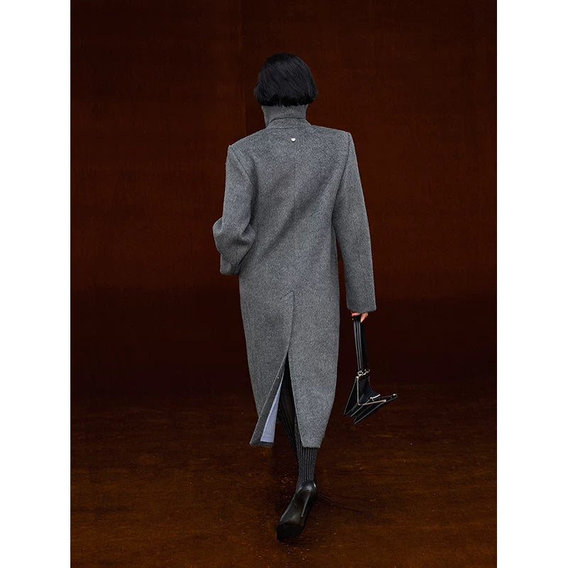 Wcoumq | Retro High Stand-Up Collar Lapel Shoulder H-Shaped Wool Coat for Women – Timeless Tailored Outerwear
