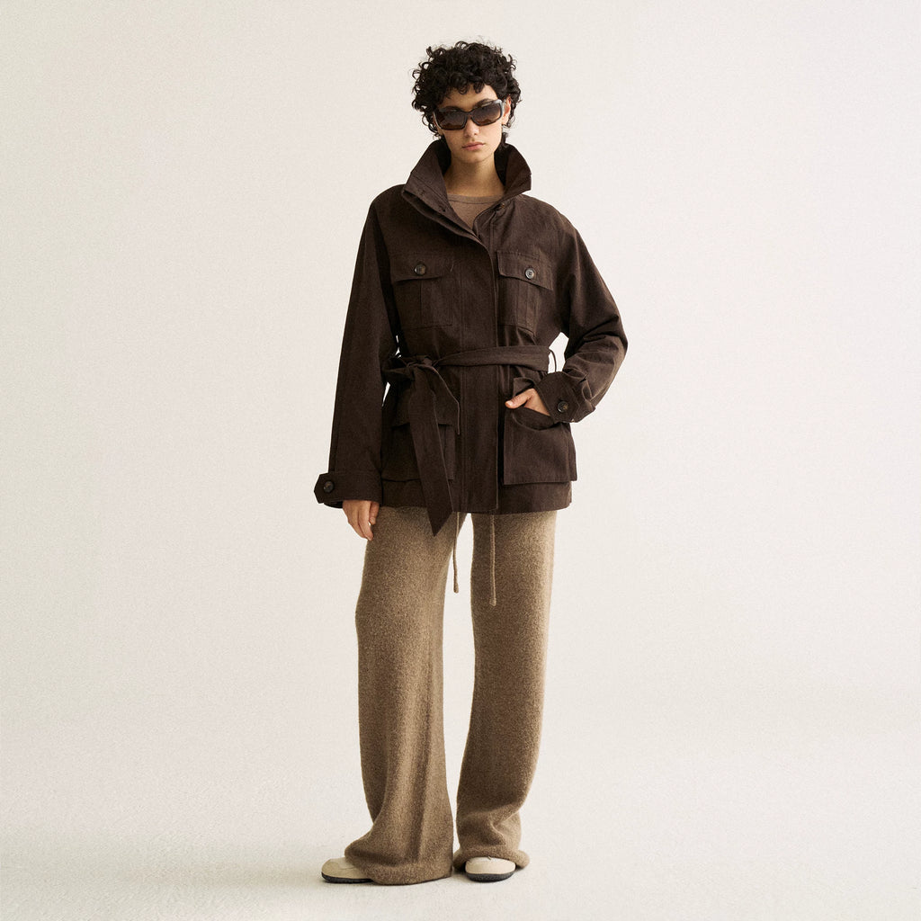 Wcoumq | Retro Workwear Multi-Pocket Windbreaker with Adjustable Belt – Women’s Loose Fit Commuting Stand-Up Collar Jacket