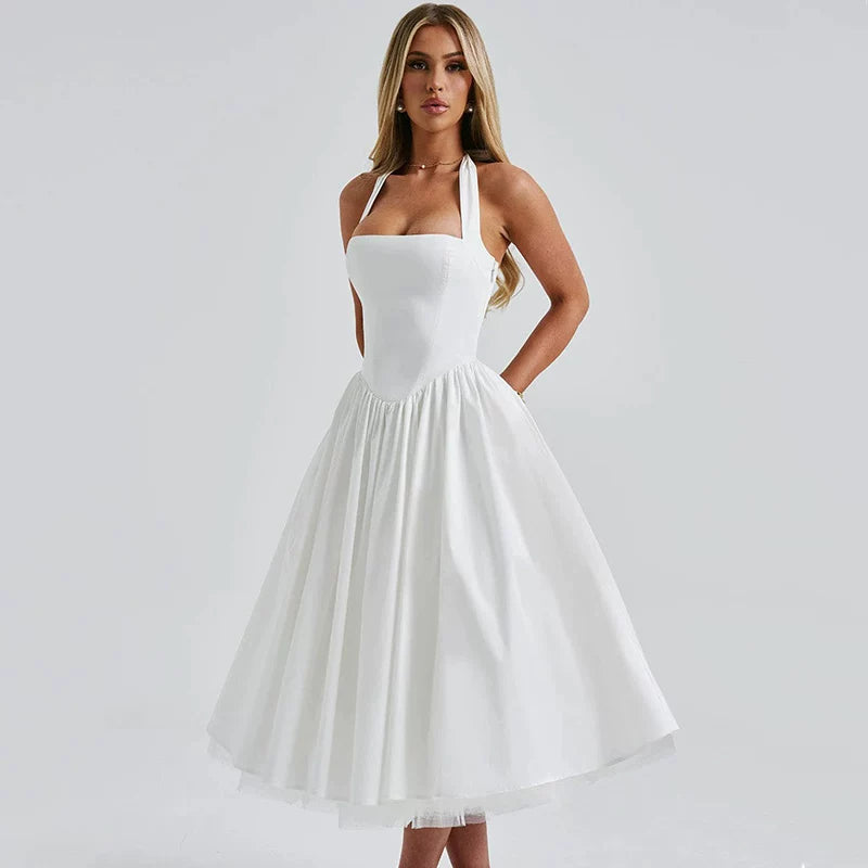 Wcoumq | White Mesh Halter Dress with Slim Waist for Resort and Mid-Length Elegance