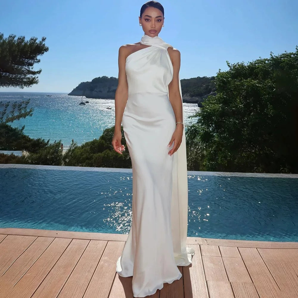 Wcoumq | Elegant Satin Floor-Length Dress with Neck Streamers and Backless Design