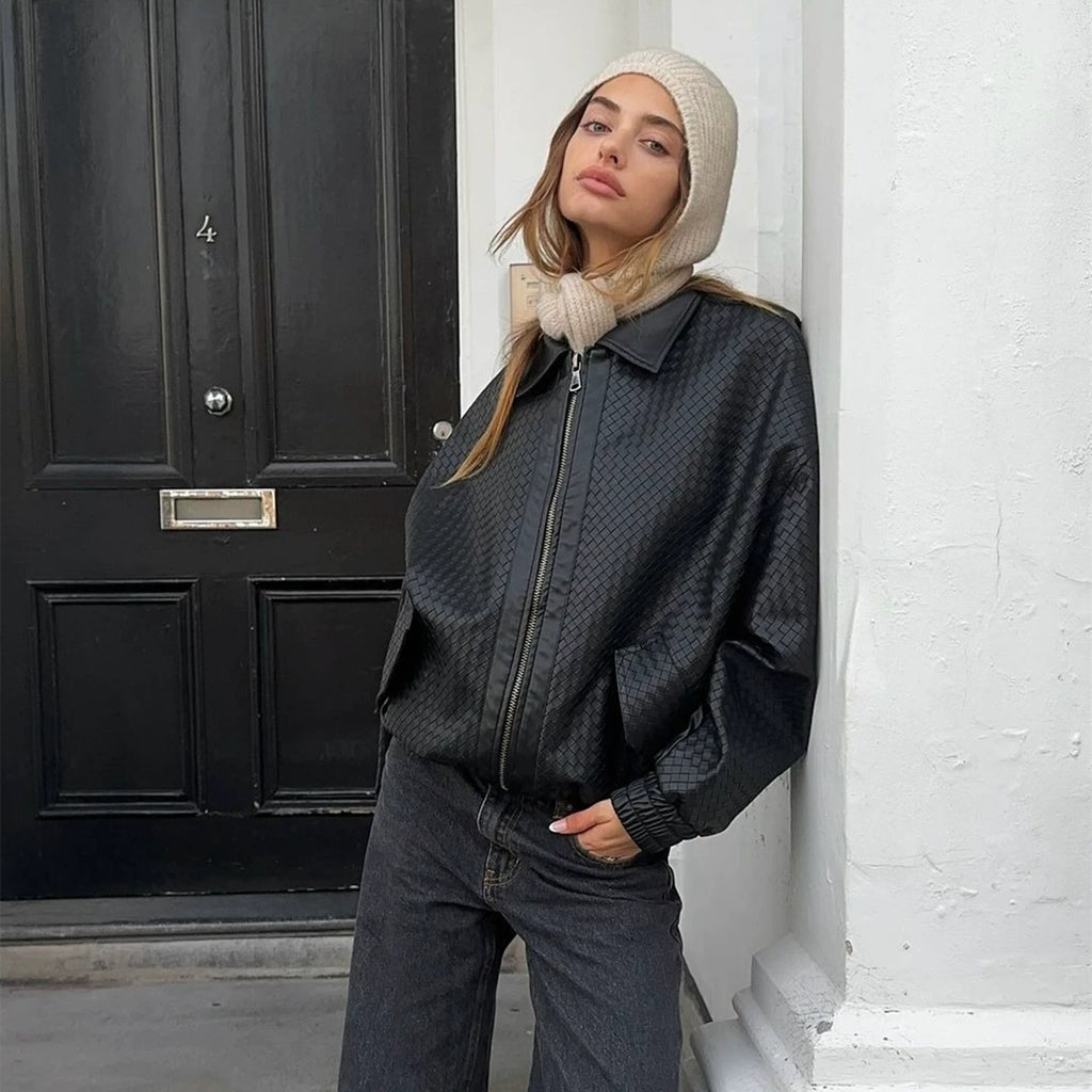 Wcoumq | Retro Woven PU Leather Zipper Lapel Jacket for Women – American Street Hot Girl Style Autumn & Winter Fashion