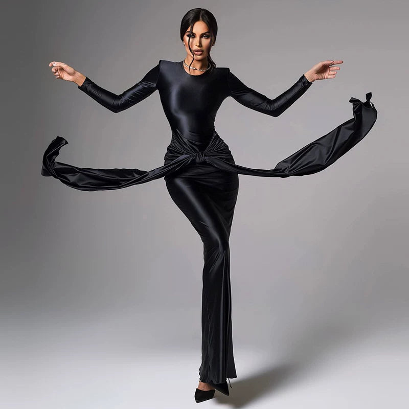 Wcoumq | Satin Long-Sleeve Dress with Waist Strap for Elegant Winter Fashion