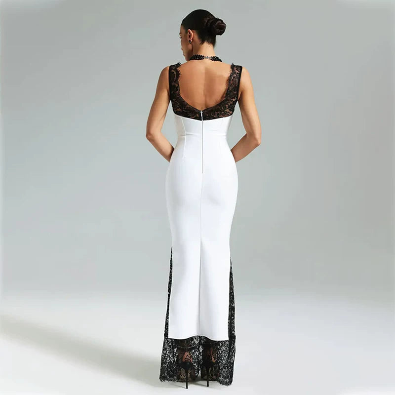 Wcoumq | V-Neck Lace Spliced Suspender Maxi Dress with Slim Fit