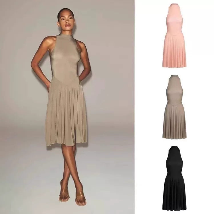 Wcoumq | Sheer High Neck Sleeveless Midi Dress with Pleated Design