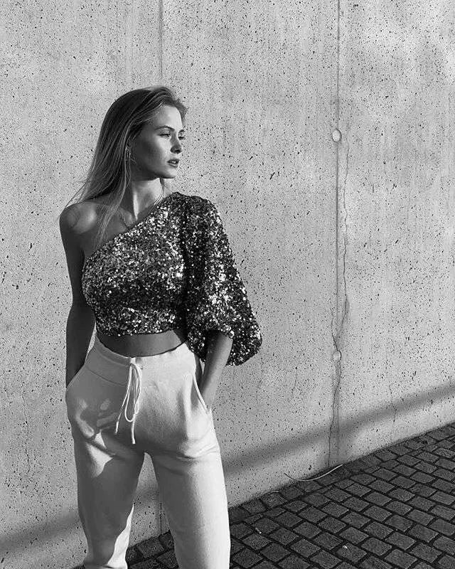 Wcoumq | Asymmetrical One-Shoulder Sequin Backless Party Top