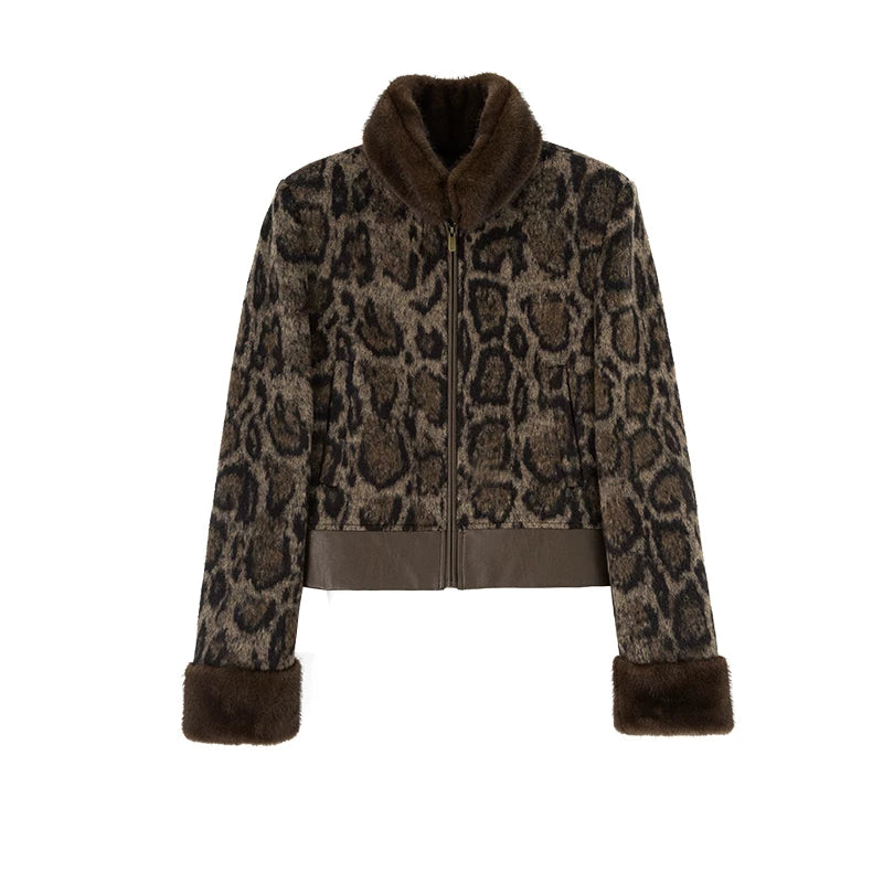 Wcoumq | Retro Off-Shoulder Leopard Print Wool Jacket with Detachable Fur Collar – Short Coat for Women