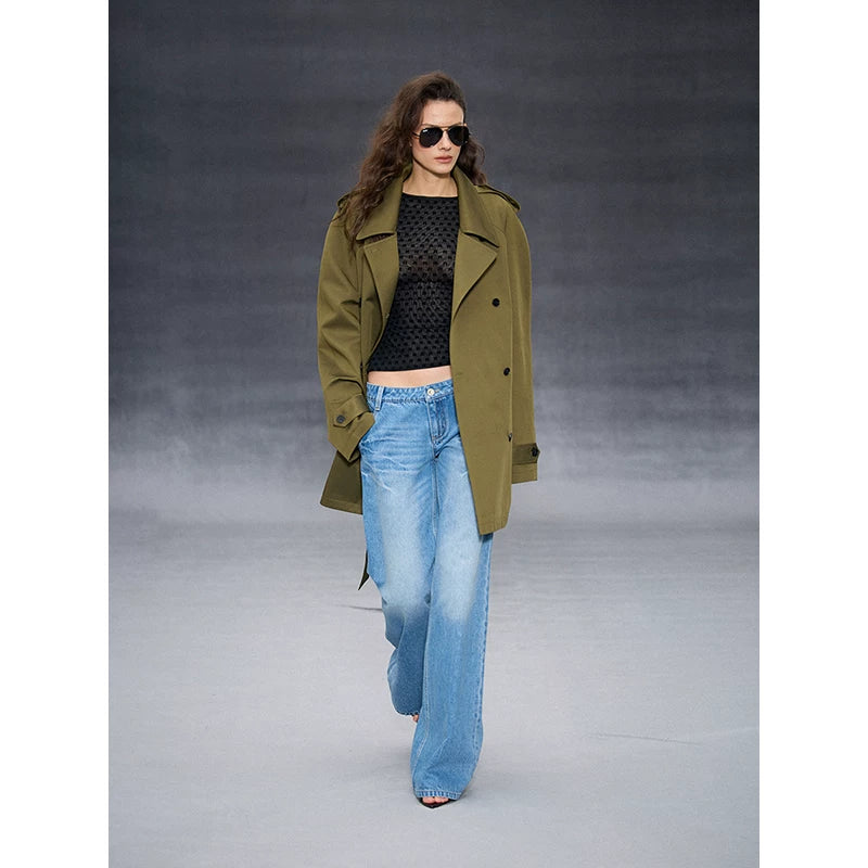 Wcoumq | Double-Breasted Lapel Epaulette Windbreaker for Women – Early Spring Silhouette Outerwear