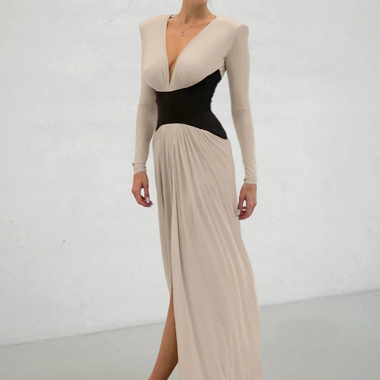 Wcoumq | V-Neck Long-Sleeve Dress with Waist Accents and Side Slits