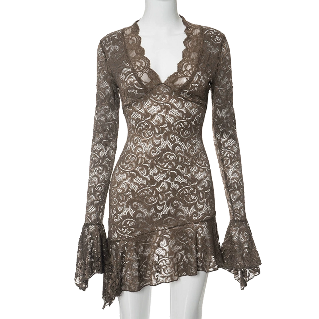 Wcoumq | Solid Color Lace Short Dress with See-Through Stitching and High Waist for Spring and Summer