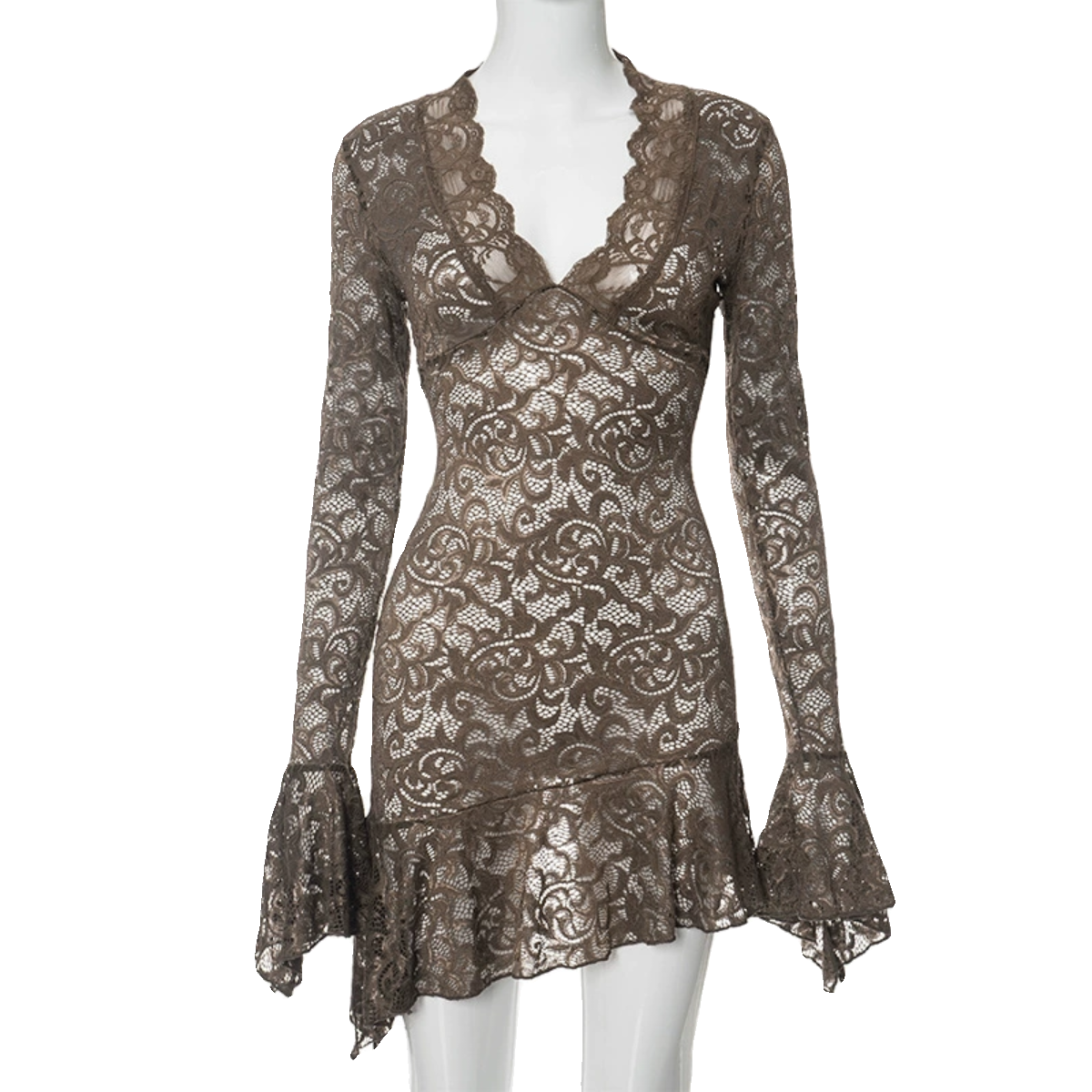Wcoumq | Solid Color Lace Short Dress with See-Through Stitching and High Waist for Spring and Summer