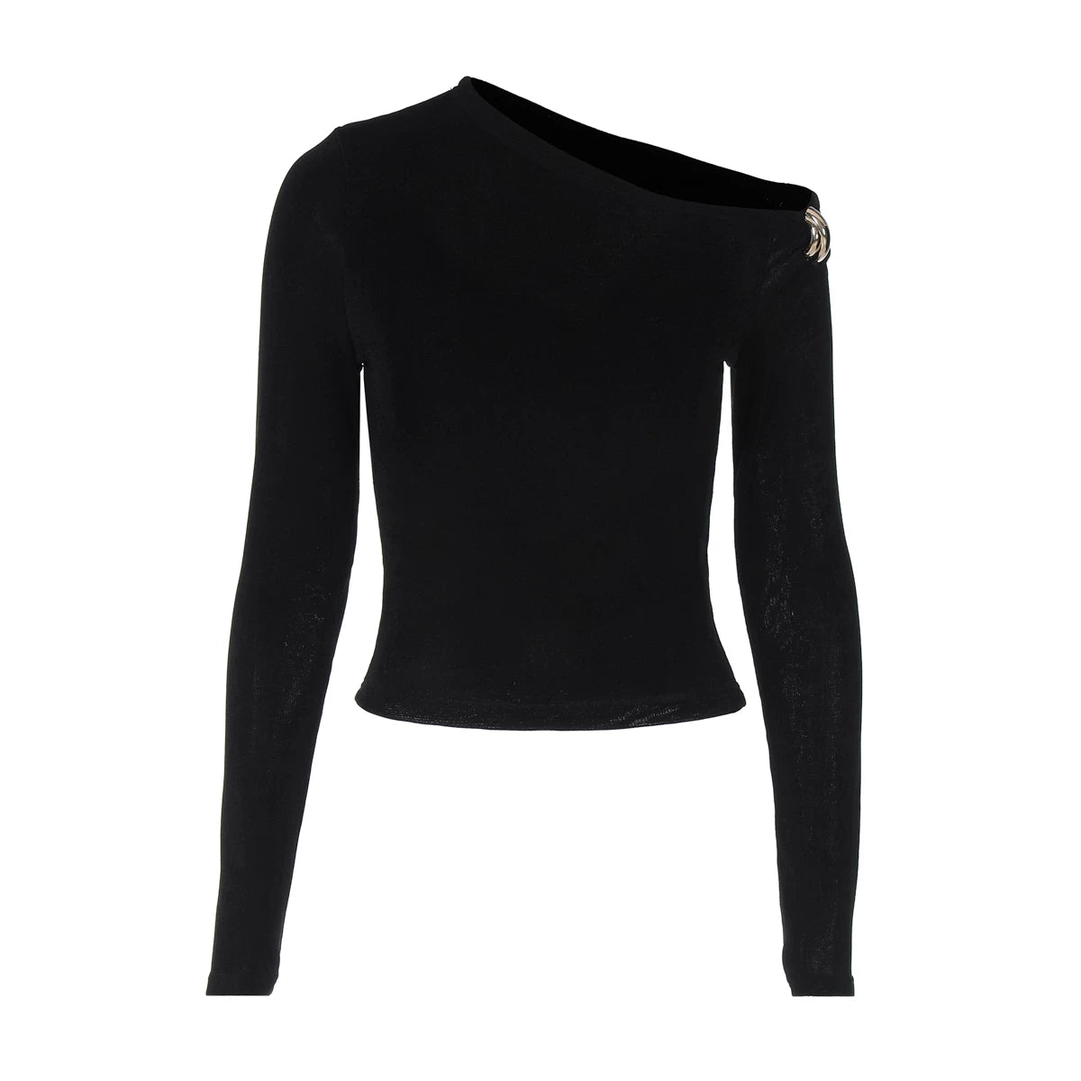Wcoumq | Solid Color Slim Fit Long-Sleeve T-Shirt with Metal Buckle Detail – 2025 Autumn Hot Girl Trendy Oblique Shoulder Design