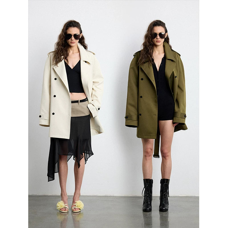 Wcoumq | Double-Breasted Lapel Epaulette Windbreaker for Women – Early Spring Silhouette Outerwear