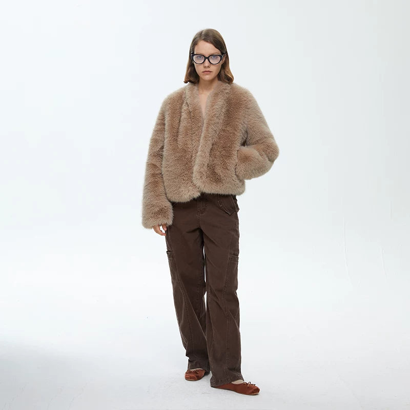 Wcoumq | Short Fur Jacket with Stand Collar – Textured Women’s Autumn & Winter One-Piece Outerwear