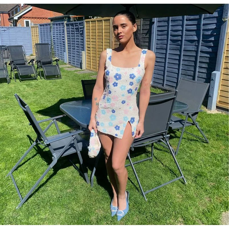 Wcoumq | Colorful Floral Rhombus Sequin Dress with Side Slit and Hip-Covering Design