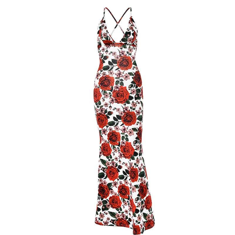 Wcoumq | Summer Sling Maxi Dress with Rose Print and Backless Vacation Style