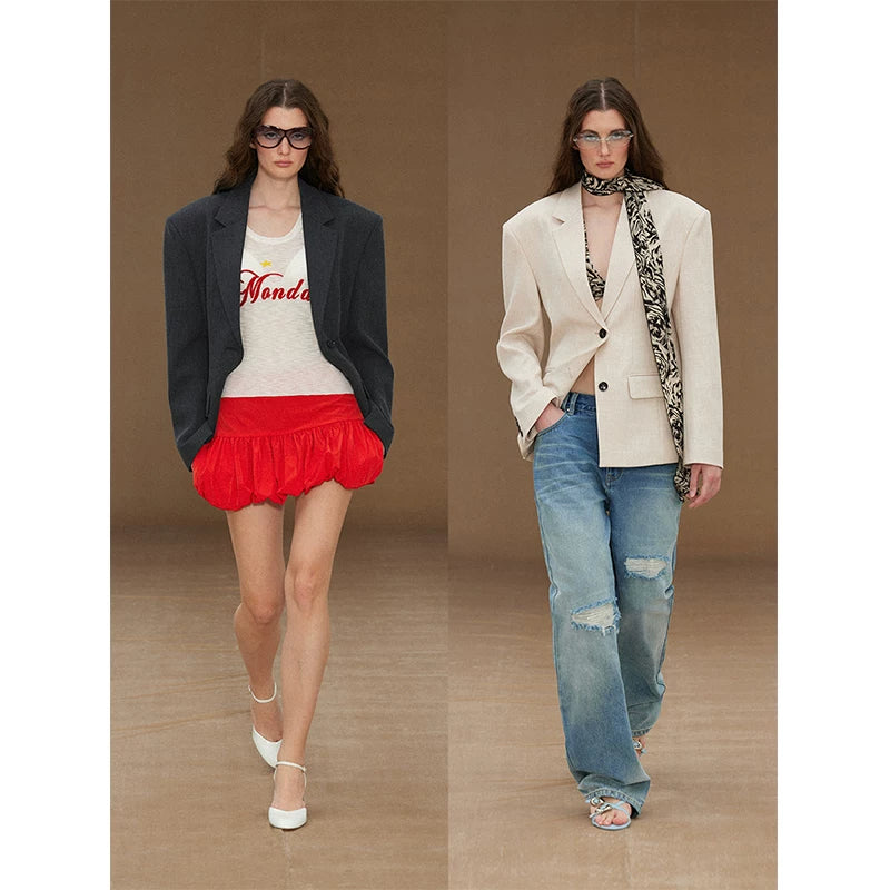 Wcoumq | Retro Lapel Collar Single-Breasted Wide-Shoulder Waisted Suit for Women – Classic Tailored Outerwear