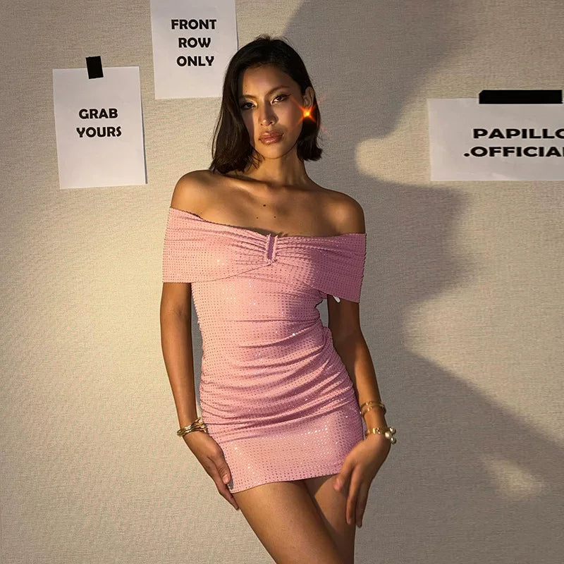 Wcoumq | One-Shoulder Backless Mini Dress with Lapel and Sparkling Design