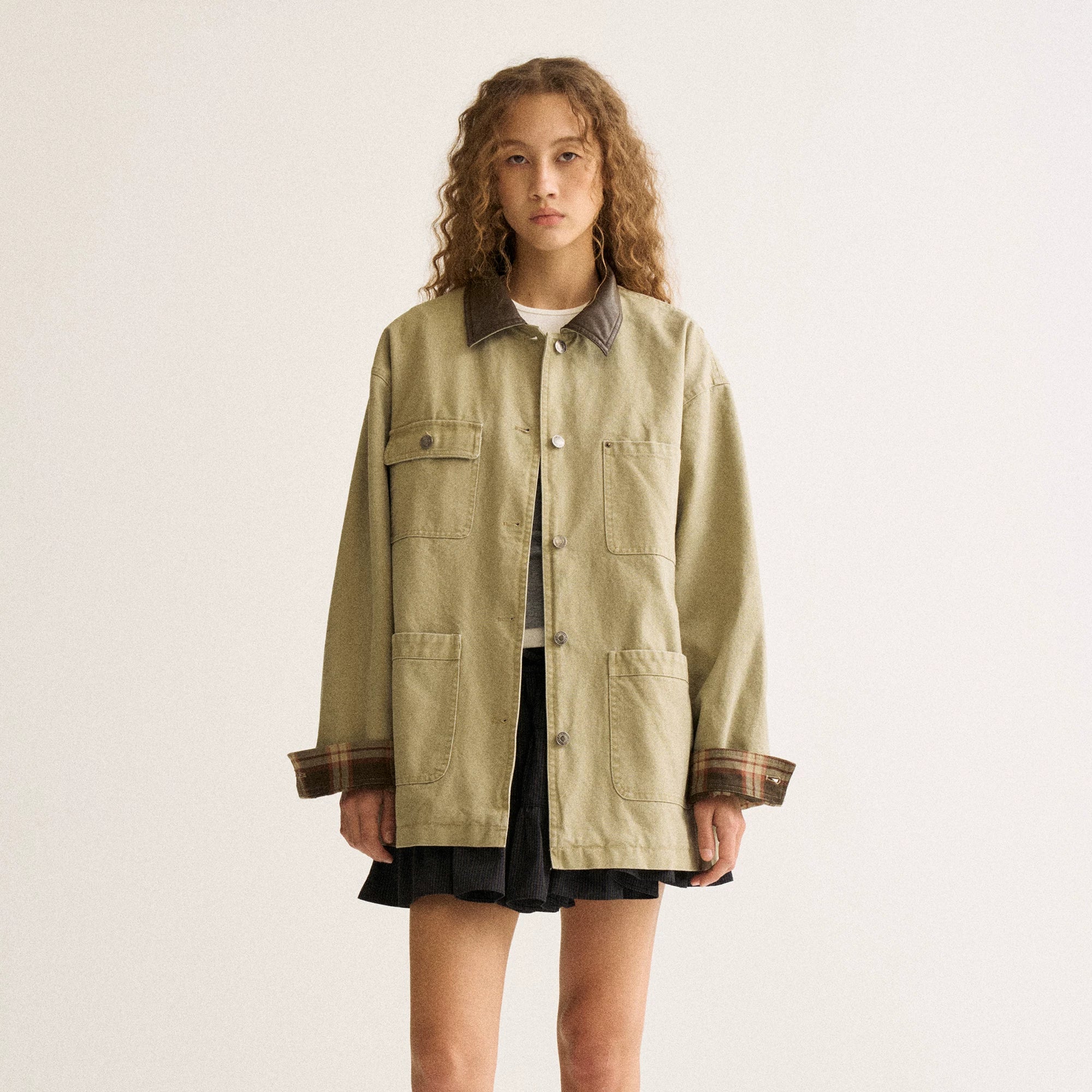 Wcoumq | Mid-Length Leather Washed Stand-Collar Hunting Jacket with Retro Plaid Splicing – Stylish Women’s Casual Jacket