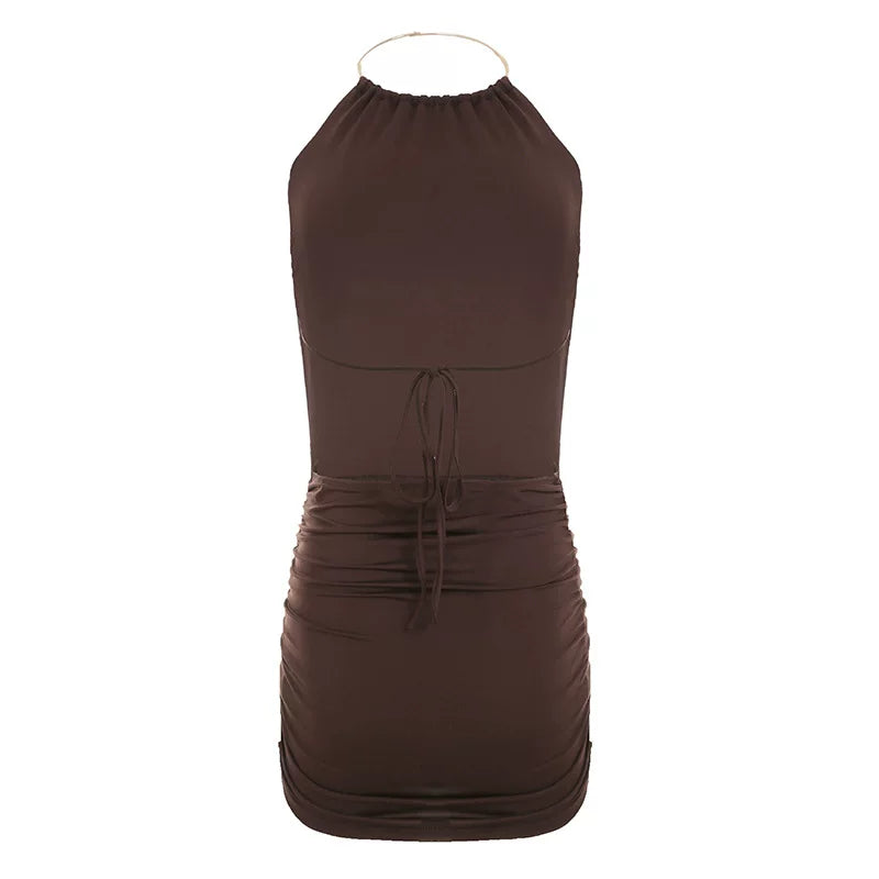 Wcoumq | Summer Halter Neck Backless Mini Dress with Metal Ring and Strappy Design